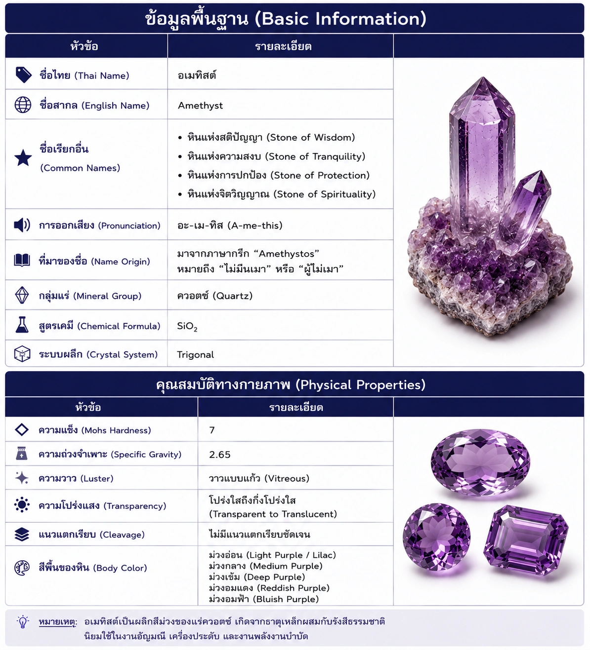 Amethyst (อเมทิสต์) | ข้อมูลพื้นฐานและคุณสมบัติทางกายภาพ | SiO₂ Stone