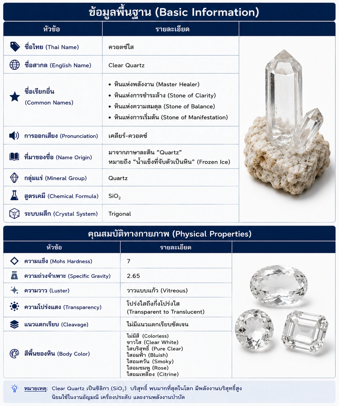 Clear Quartz หรือ เคลียร์ควอตซ์ หินควอตซ์ใสธรรมชาติ แสดงข้อมูลพื้นฐาน สูตรเคมี คุณสมบัติทางกายภาพ ความแข็ง สี และระบบผลึก
