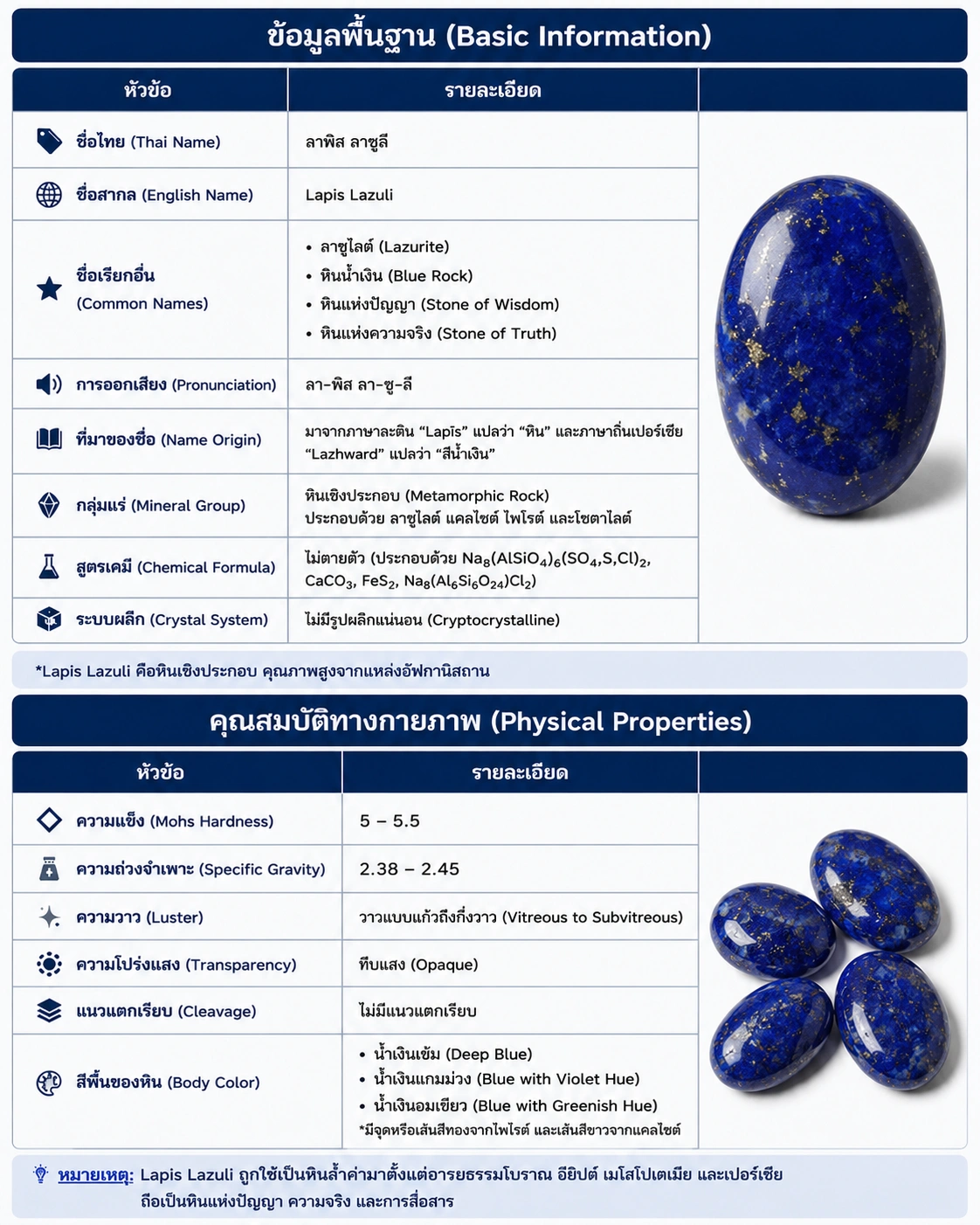 Lapis Lazuli ข้อมูลพื้นฐานและคุณสมบัติทางกายภาพของหินลาพิส ลาซูลี